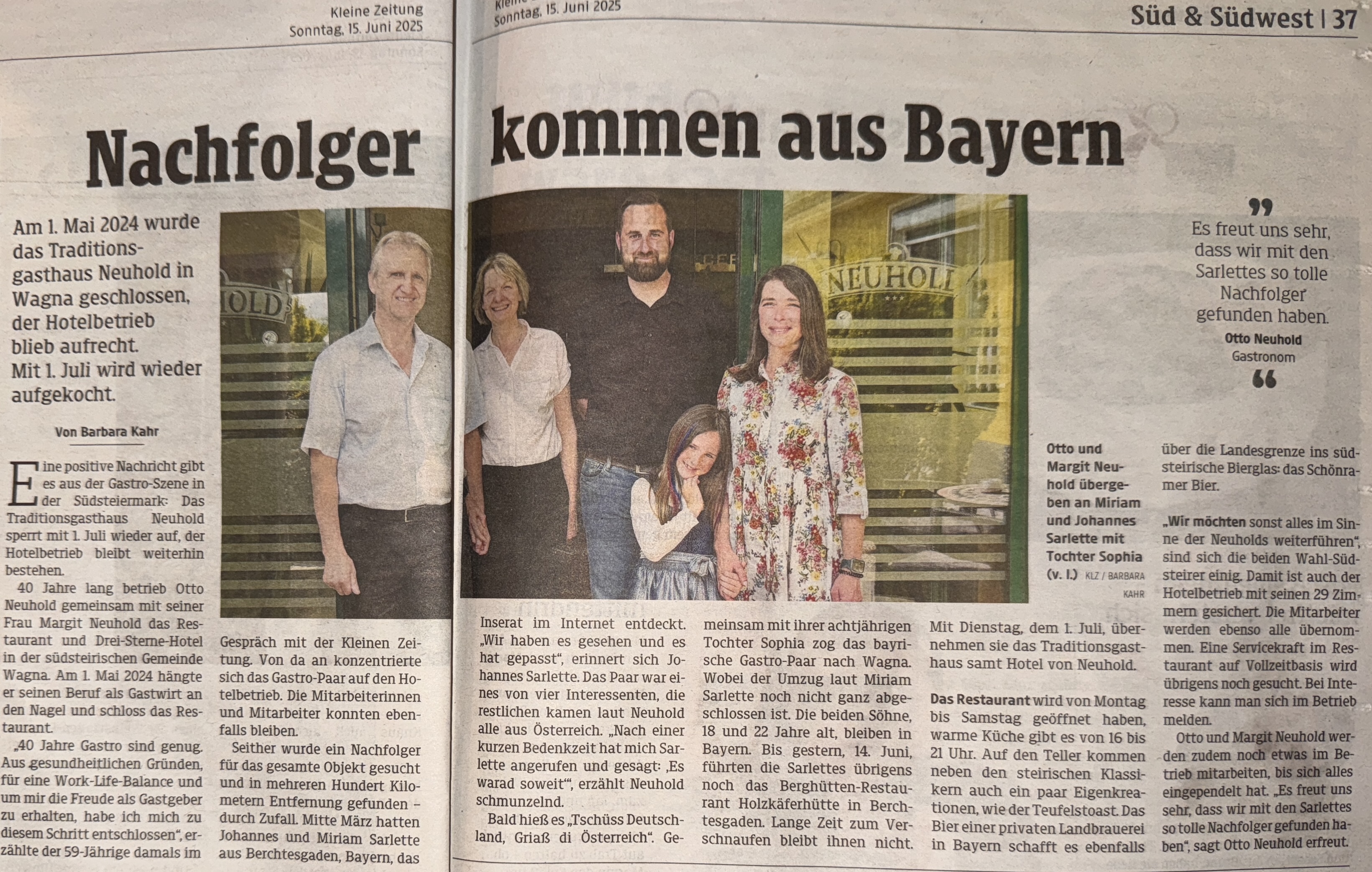 Zeitungsausschnitt zur Übernahme des Hotel Neuhold